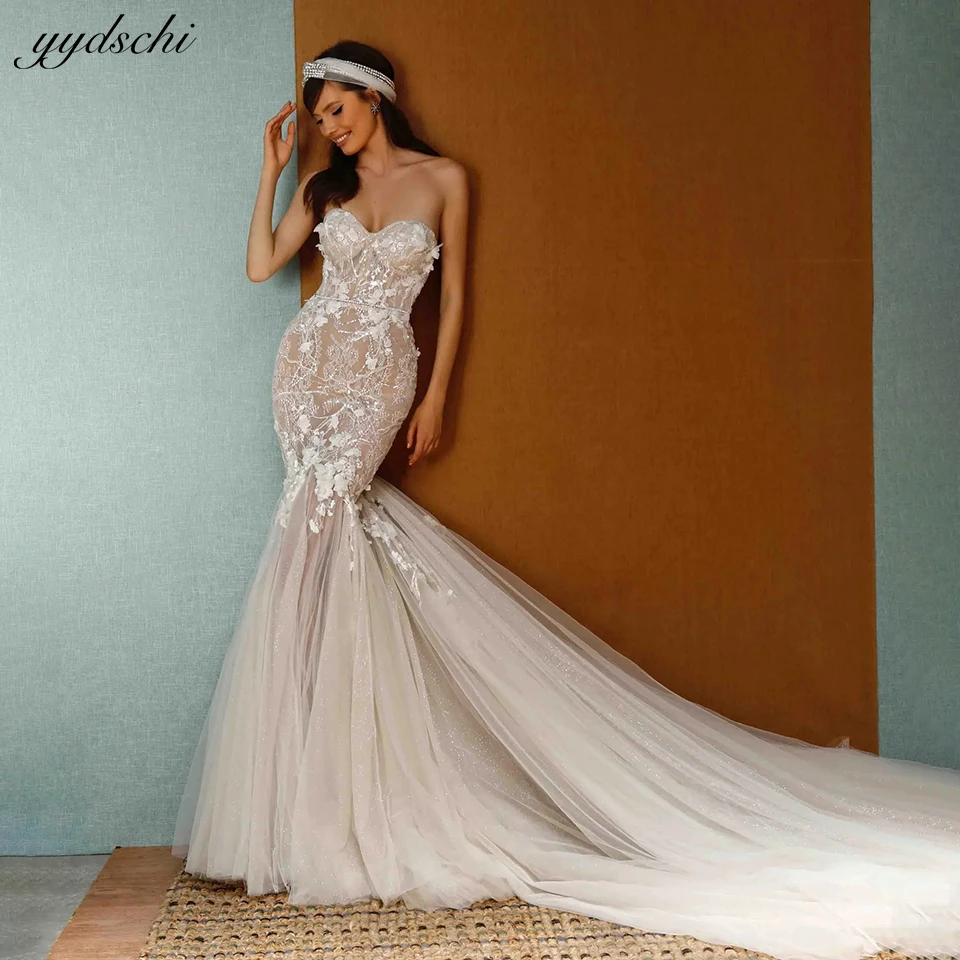 Gorgeous Mermaid Backless Wedding Dress For Women 2025 Bride Sweetheart Lace Appliques Sweep Train Bridal Gown Vestidos De Novia