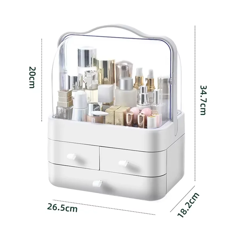 Elegant Dustproof Makeup Organizer with Portable Handle - Large Capacity Cosmetic and Jewelry Storage Box