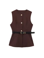 Women's Long Waistcoat with Belt, Front Gold Button, O Neck Sleeveless Vest, Female Outerwear, Chic Tops, Fashion - Image 4