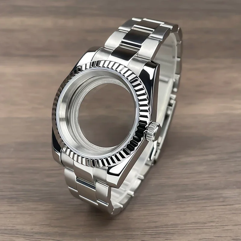 Premium Fluted Bezel Watch Case with Sapphire Glass - Stainless Steel