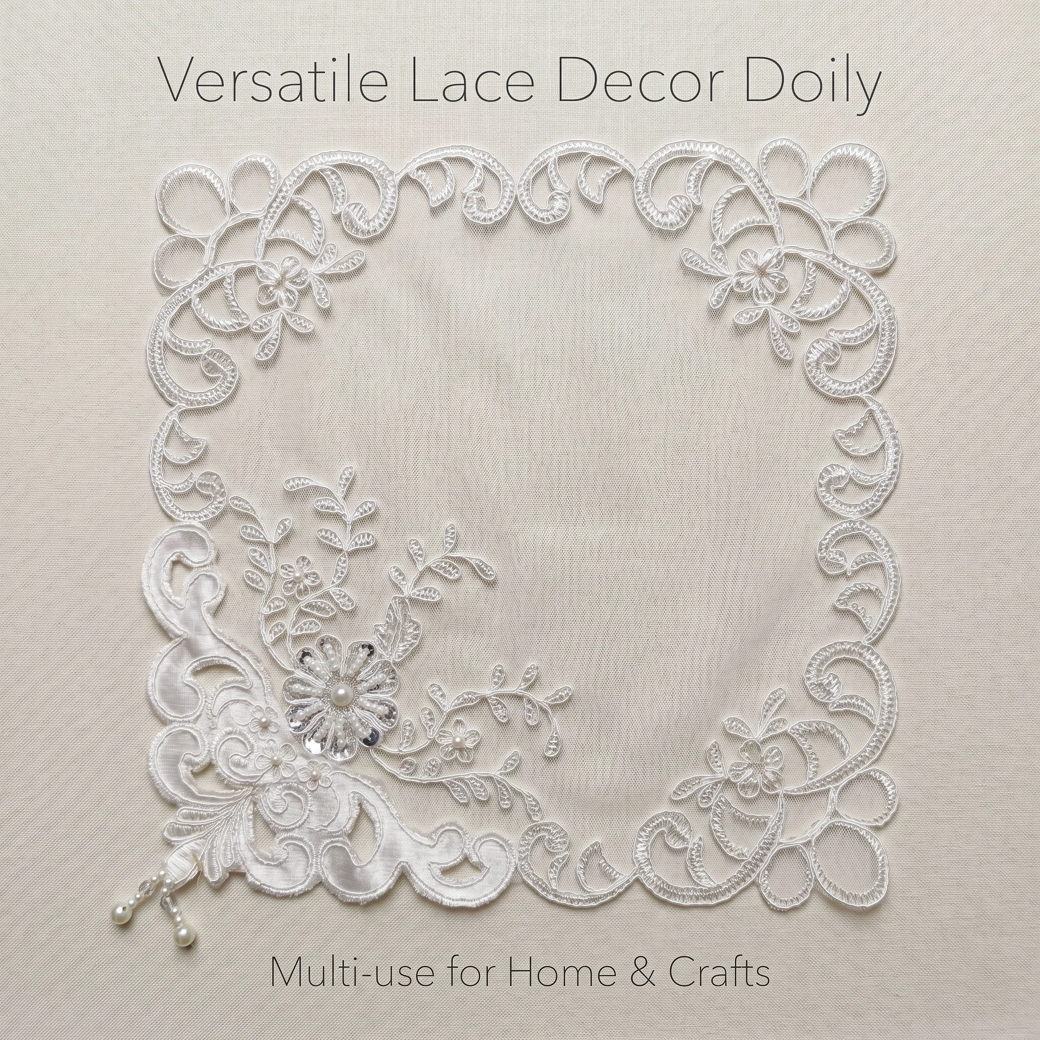 Lace Tablecloth 4Pcs 28x28 Pearl Trim Table Decor 4pcs Placemats Wedding White Lace Handmade Coasters Set Elegant Table Runner Square Table Cover Luxury Accessories For Table 2