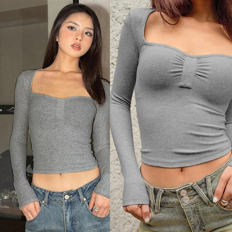 

Square Neck T-Shirt Womens Spring Long Sleeve Solid T-shirt Skinny Crop Tops