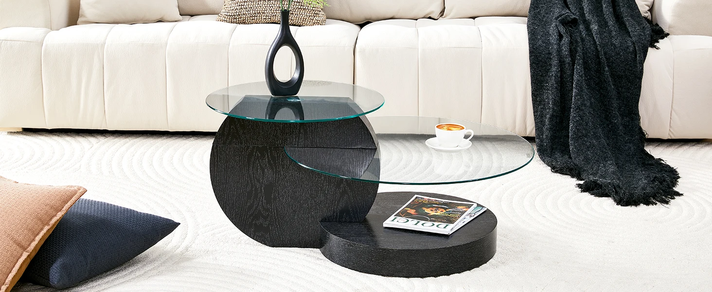 Moderner, minimalistischer Couchtisch aus doppelschichtigem Sicherheitsglas, mehrstufiges Design, hochwertige MDF-Stützstruktur mit schwarzer W-Finish-Oberfläche. – Detail 9