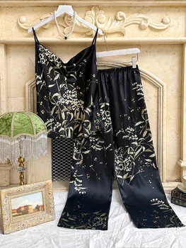 Small Cherry Print Pajamas Set Spring Summer Halter Pants Two Piece Thin Home Wear Women 1