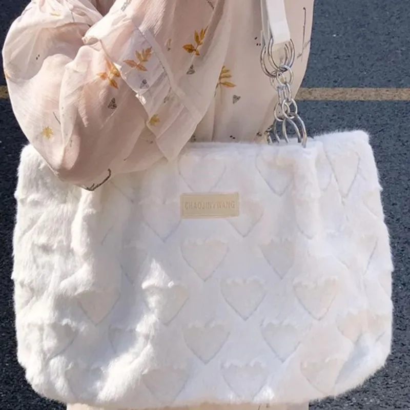 JIAERDI Sweet Cute Heart Tote Bag Women Fluffy Soft Large Capacity Shoulder Bags Ladies Kawaii Minimalist Commute Handbag 2025