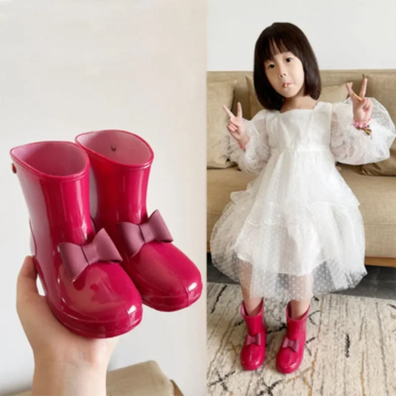 레인부츠 Children Rain Boot Kids Waterproof Anti Slip Water Shoe School Bowknot Princess Girl Boot Mid-Calf Baby Rubber Shoe Botas