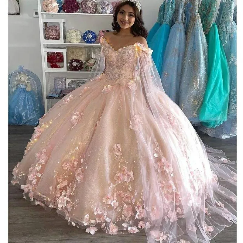 Quinceanera Dresses ANGELSBRIDEP Strap Pink Ball Gown Quinceanera Dresses 15 Party Formal 3D Flower Lace Applqiue Birthday Princess Gowns With Cape