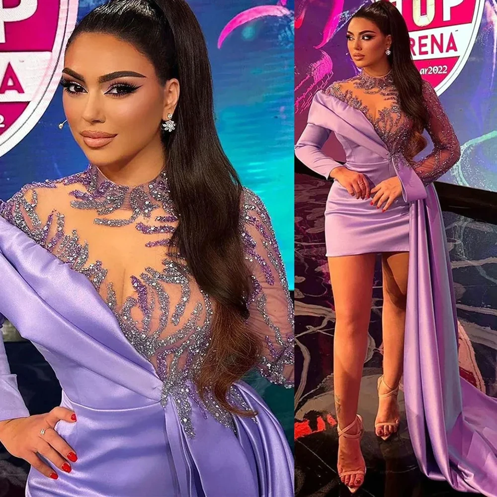 

KSDN Purple Long Sleeve Appliques O-Neck Sequined Satin Above Knee High Neck Elegant Women Formal Occasion Party فساتين السهرة