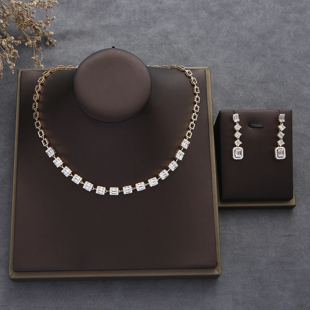 

Luxury Classical Square Geometry Rectangle CZ Necklace Stud Earring For Women Wedding Evening Party Dinner Dubai Set S310