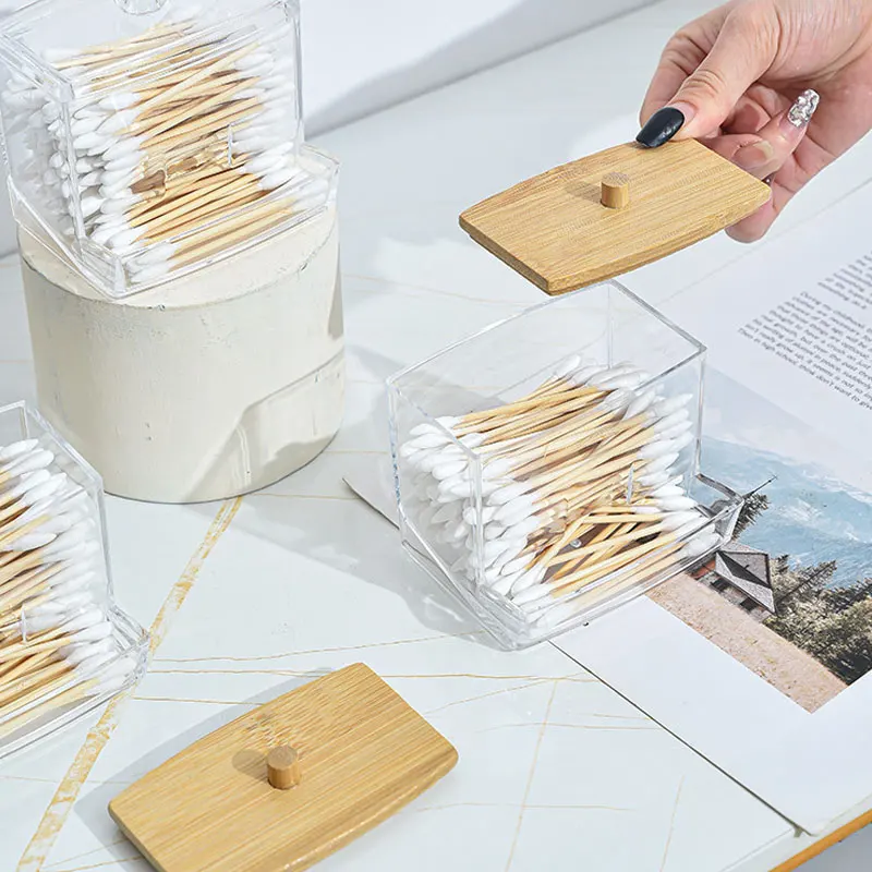 1pc7 Oz Cotton Swab Pads Holder Organize And Store Cotton Buds With Wood Lids For Bathroom And Apothecary Jars