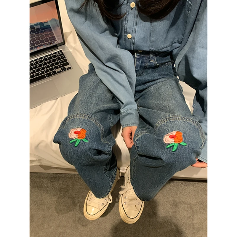 

Vintage Embroidery Blue Women Jeans Spring High Waist Chic Design Baggy Straight Jean Pants Street Female Wide Leg Denim Trouser