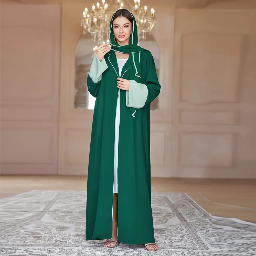 Green Open Abaya with Hijab Arabic Kimono Muslim Fashion Saudi Abayas for Women Dubai Luxury Party Dress Turkey Islam Outfit