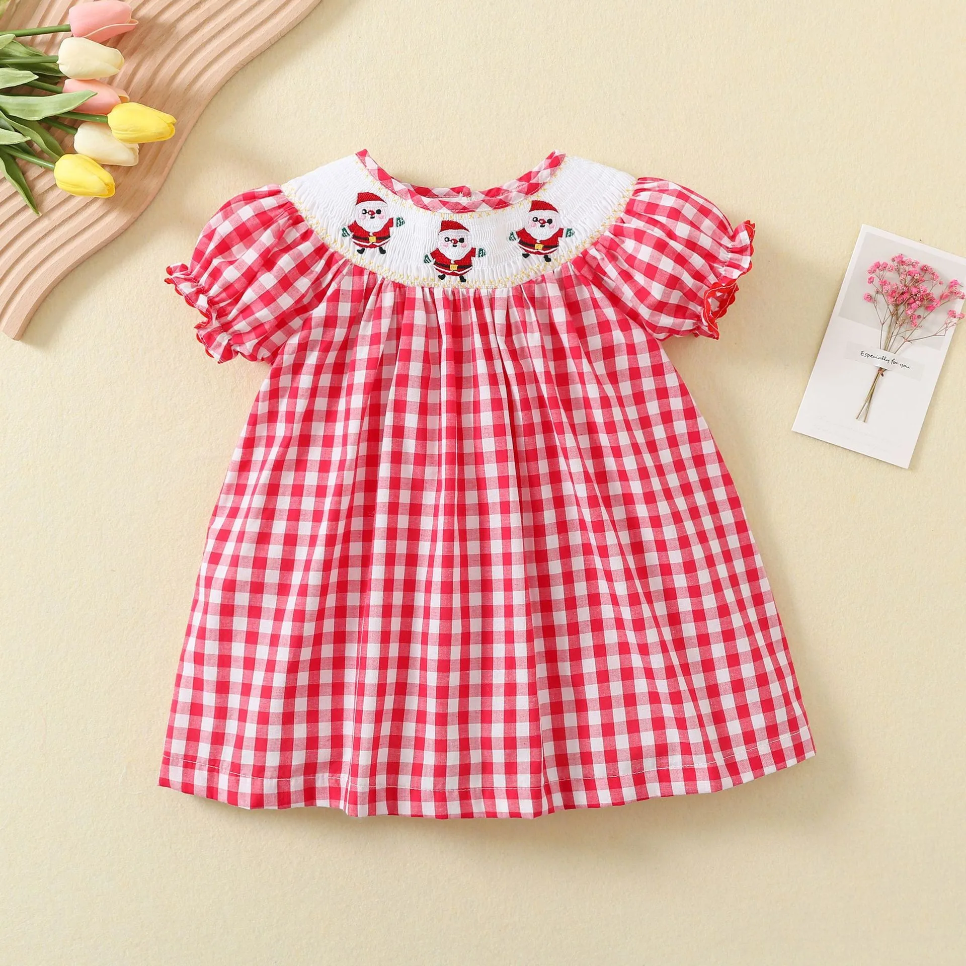 

Christmas Boutique Tatting Woven Petticoat Baby Girl Clothes Smock Dress Sleeveless Hand Santa Claus Embroidery Princess Suit