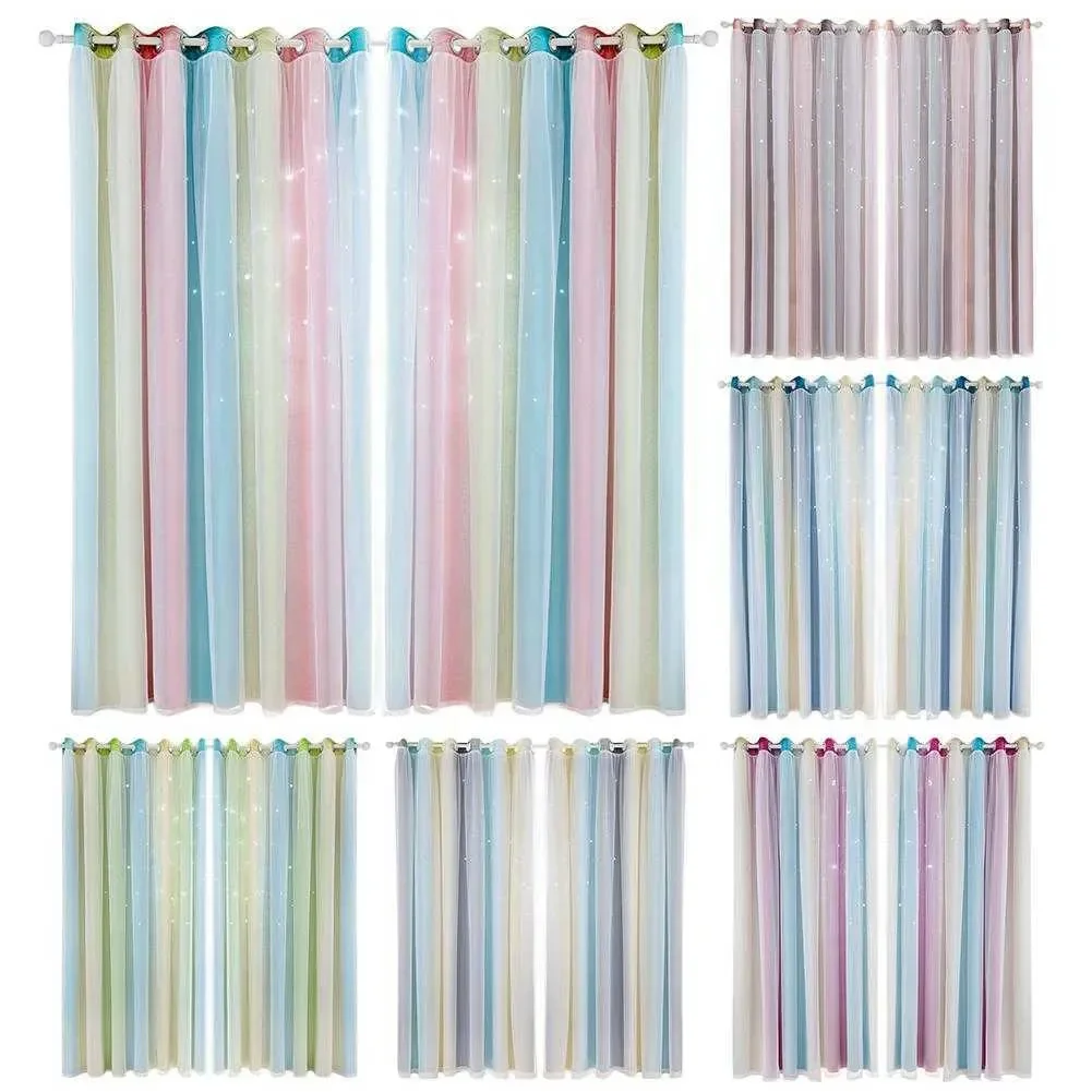 100x250CM Romantic Rainbow Color Sheer Curtain Girl Kids Bedroom Full Blackout Window Drapes Hollow Star Curtain Home Decor 210712