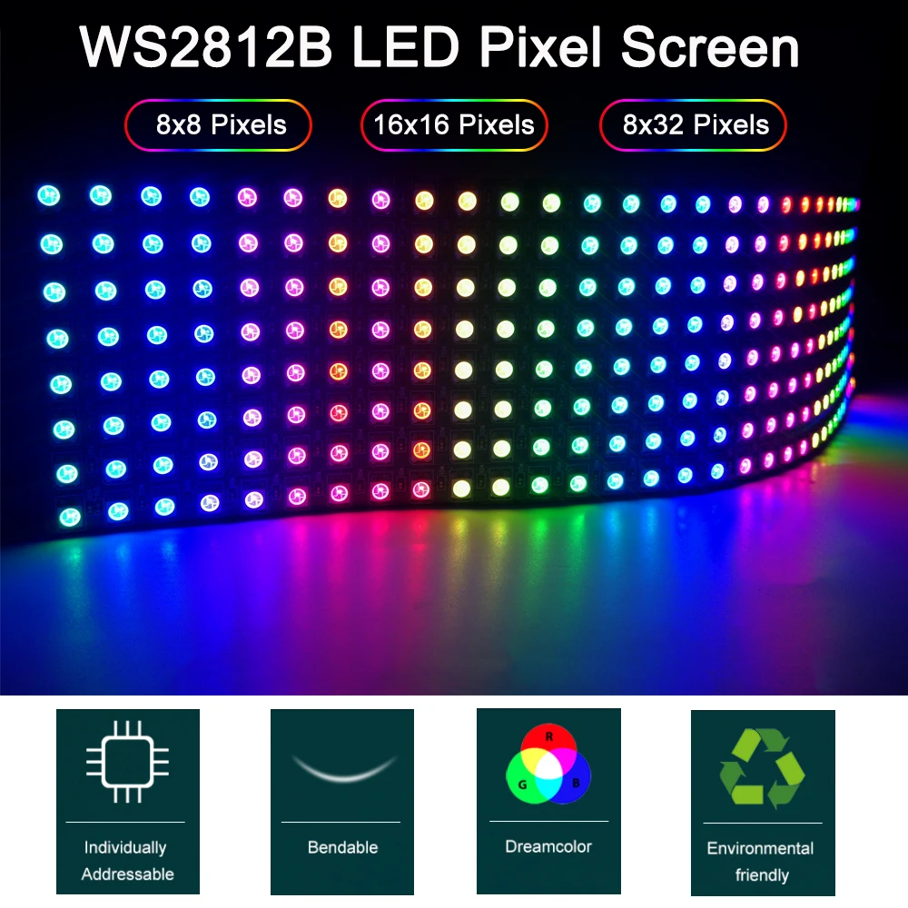 WS2812B LED 디지털 유연한 개별 주소 지정 패널 조명, 8x8, 16x16 픽셀 모듈, RGBIC 매트릭스 스크린, DC5V