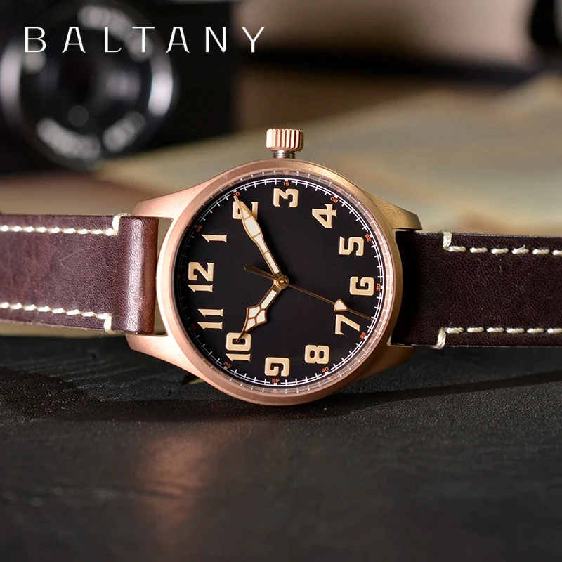 

Baltany Bronze Pilot Watch NH38 42mm Men's Mechanical Automatic Skin Leather Titanium Case AR Sapphire Classic Watch for Men Rel