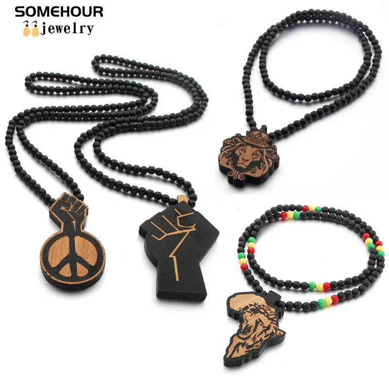 SOMEHOUR King Lion Africa Map Pendant Necklace String Wood Beads Chains  Peace Symbol Power Fist Hiphop Jewelry For Women Men