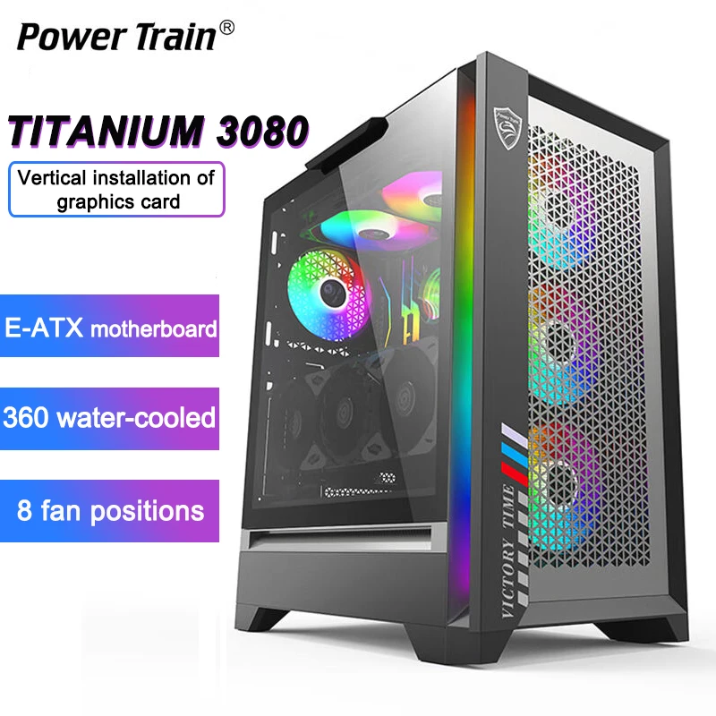 Power Train Titanium 3080 EATX Desktop Computer Case Middle Tower Side Transparent Game RGB Chassis For 360 Water-Cooled