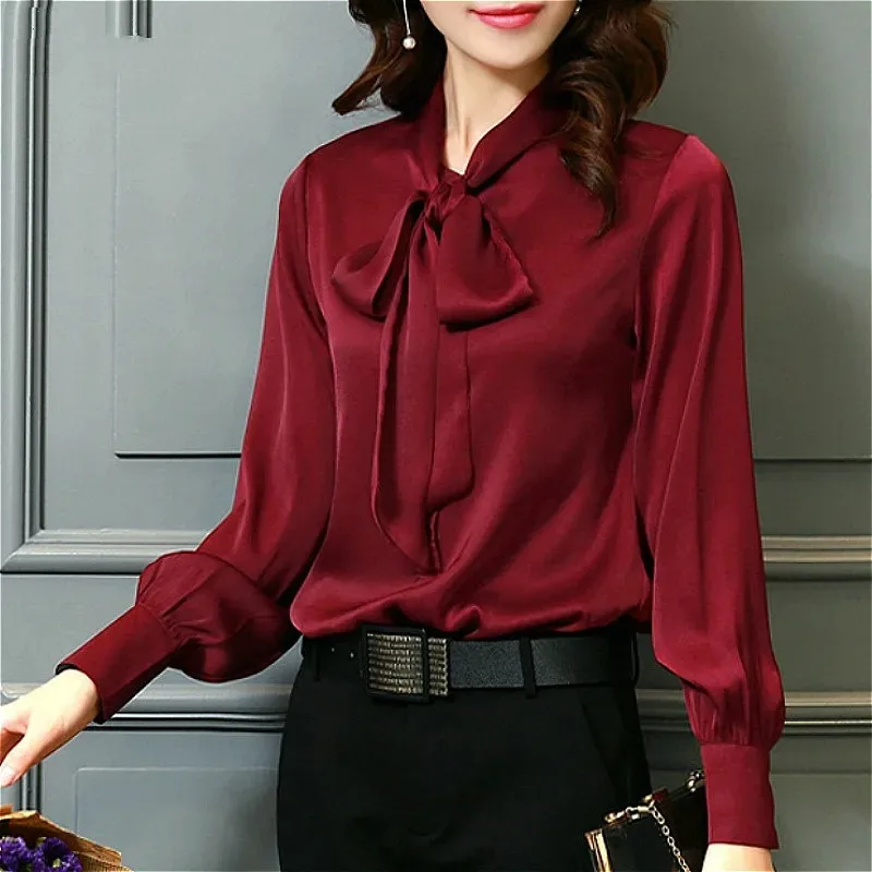 Women's Loose Chiffon Blouse V-Neck Solid Shirt Bow Lantern Sleeve Fashion Blouses Casual Clothes Autumn Tops 2198