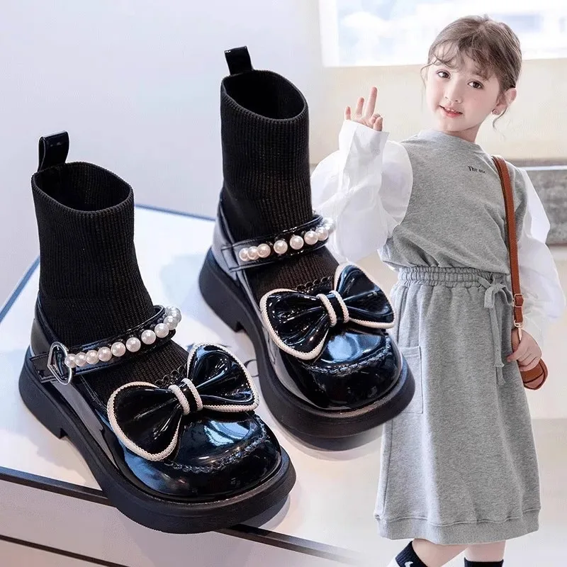 Hig Top Sock Opening Child Princess Boots Girls Leather Shoes Child Leather Princess Shoes Beautiful Fashion Kids Casual Shoe