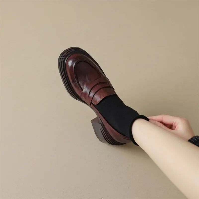 Women Leather Platform Loafers Fashion Slip on Chunky Shoes Retro Style Female Officel Pumps Moccasins Women's Mary Jane Shoes 5