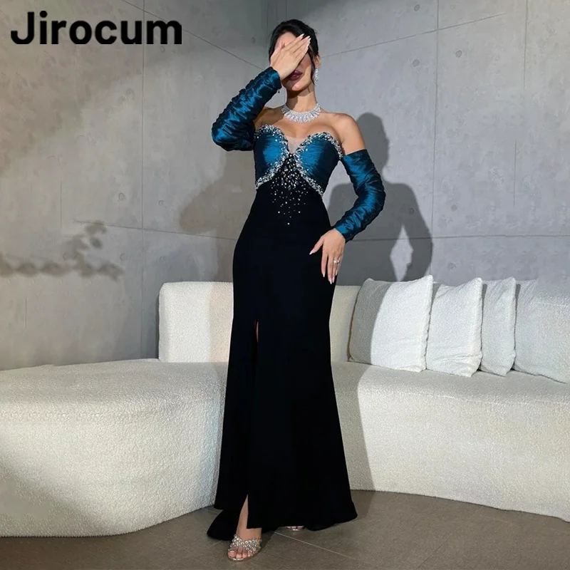 

Jirocum Sweetheart Long Sleeve Prom Dress Women's Blue Crystal Party Evening Gown Side Slit Mermaid Elegant Formal Occasion 2024