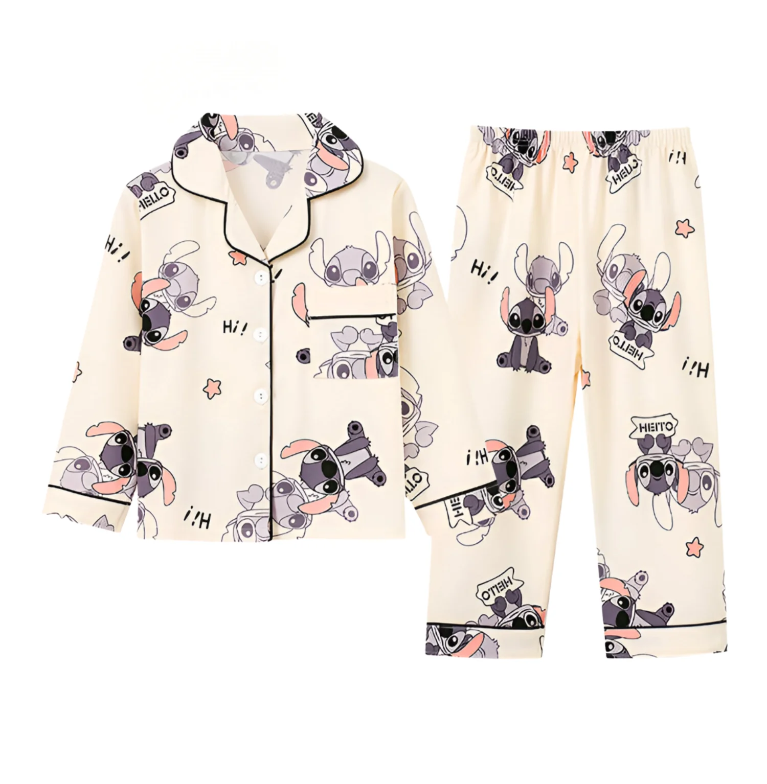 2pcs Stitch Print Kids Pajama Set – Long Sleeve Top & Pants for Boys & Girls 4