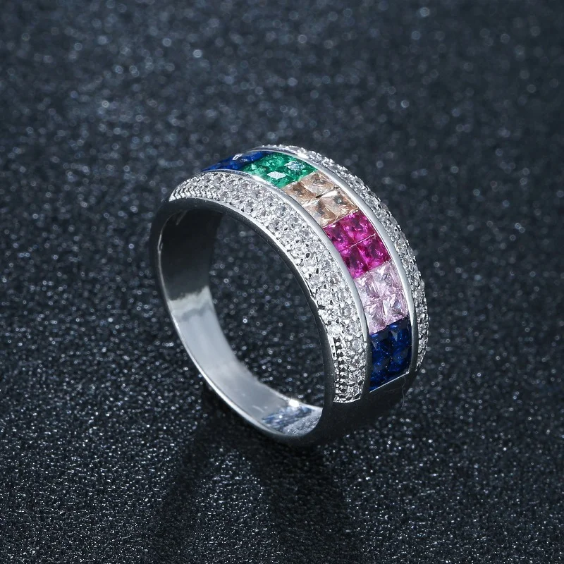 

Popular silver plated zircon ring color full diamond women's gem ring headpiece
