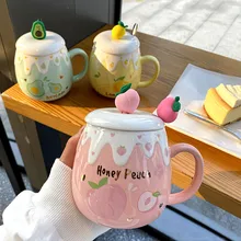 

Water Cup Women's Office Ceramic Cup Cute Fruit Mug Girl Heart Personality Trendy Student Cup with Lid Spoon