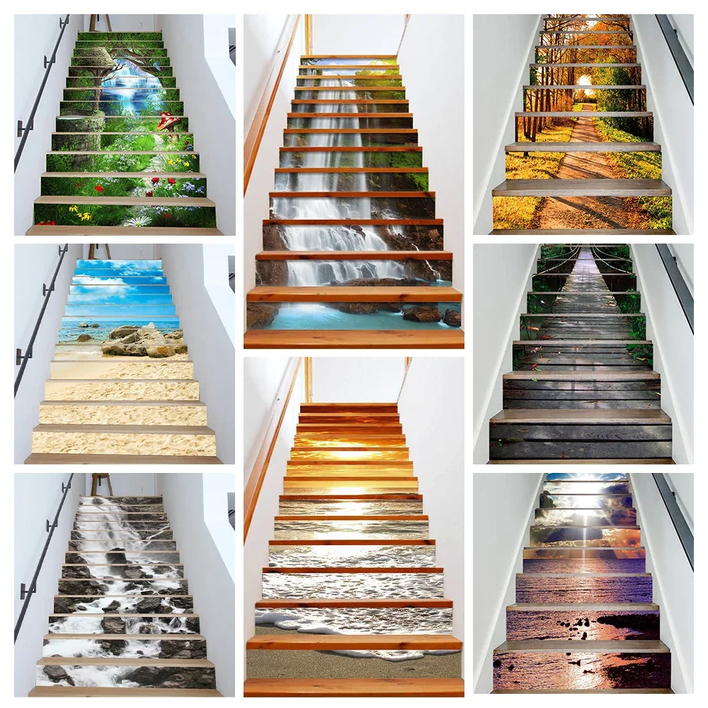 Floor Stickers Vinyl Stair Nosing Natural Landscape Staircase Stickers Decal Waterproof Vinyl Floor Landscape Stairway Riser Covering 6pcs/13pcs