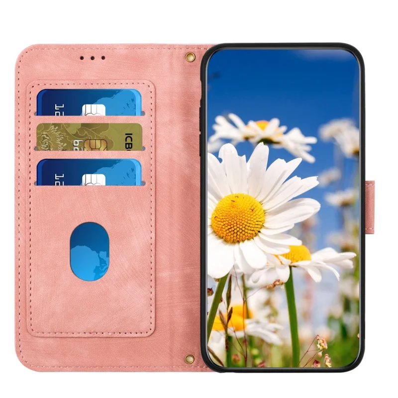 Embossed Flower Leather Wallet Phone Case with Wrist Strap and Card Holder