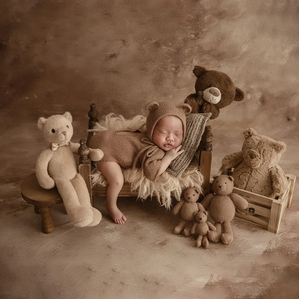 

Одежда для новорожденных Медведей для фотосъемки, вязаный детский комбинезон, шапка, Плюшевый мишка, Кукла, Подушка для позирования, студийный реквизит для фотосессии младенцев