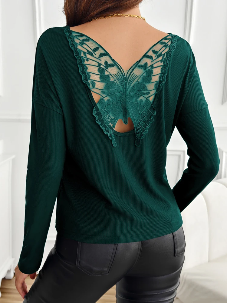 2026 New Hollow Back Lace Butterfly Splicing Long-sleeved Blouse Fashion Spring and Summer Solid Color Casual Round Neck Top