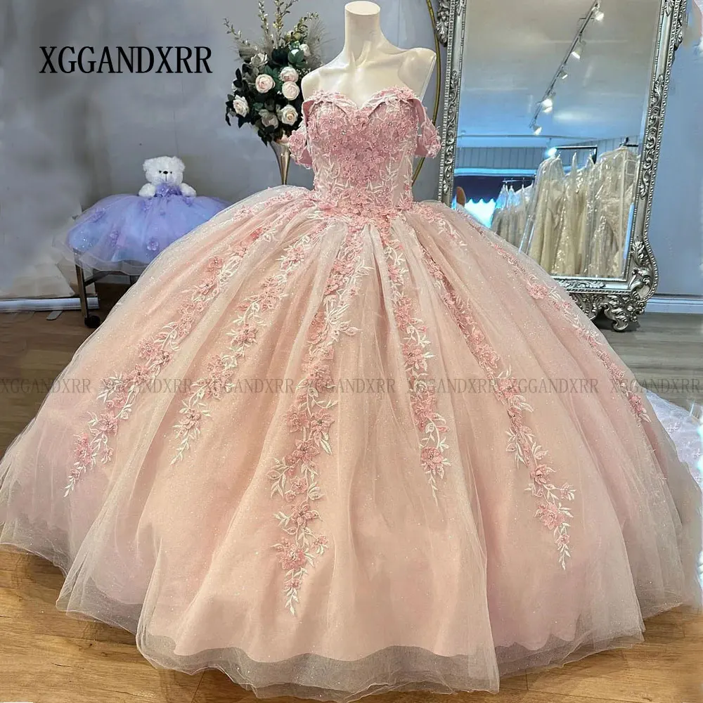 

Real Pink Ball Gown Quinceanera Dresses 2024 Sparkly Appliques Sweet 15 Birthday Party Gown Vestidos 15 Anos Princess Prom Dress