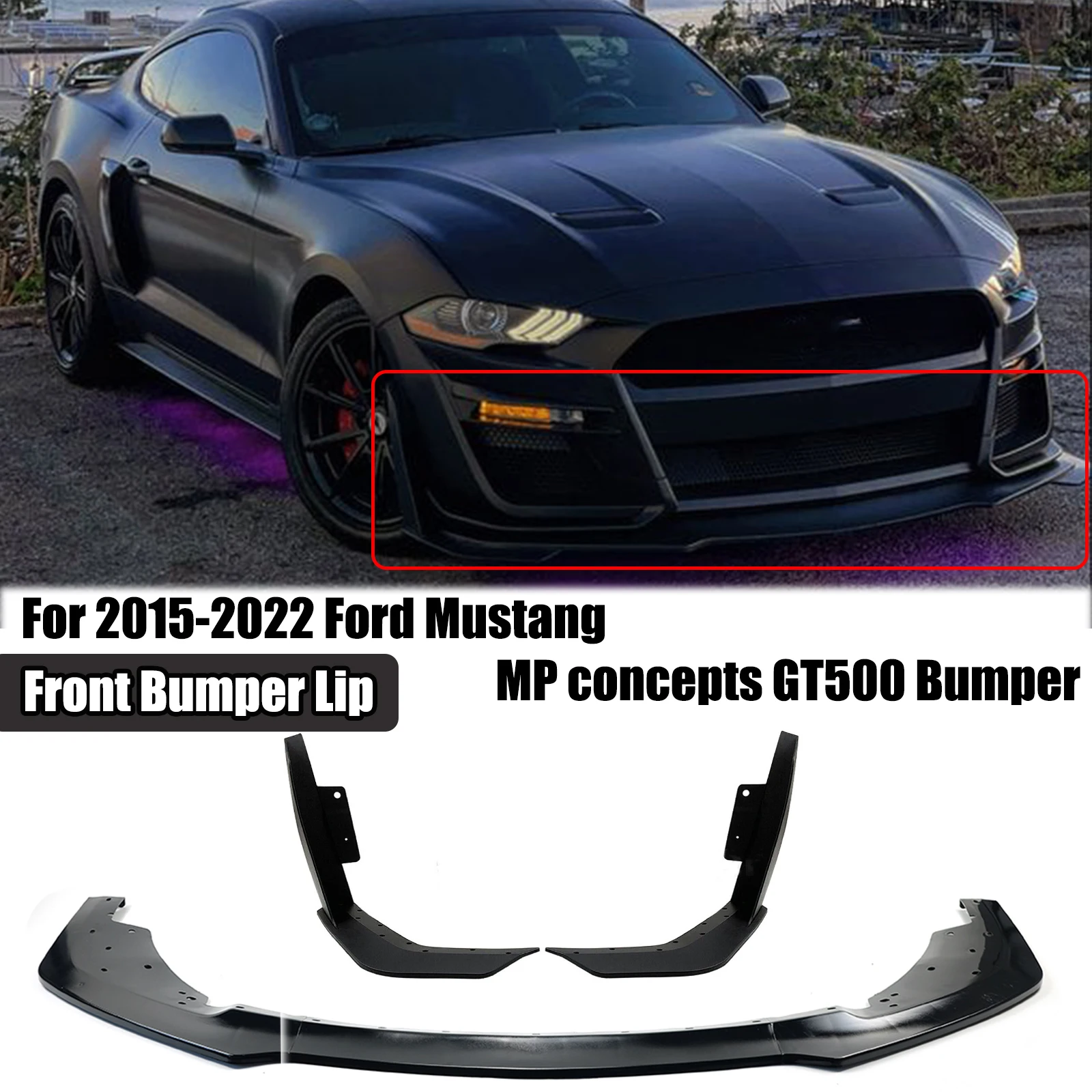 

For 2015-2022 Ford Mustang MP concepts GT500 Bumper Front Bumper Lip Splitter DIffuser Soiler Matte Black Carbon Fiber Look