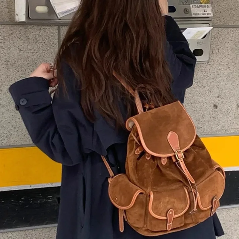 New Vintage Women's Travel Backpack Large Capacity Commuter Suede School Bag College Students Brown Suede Bookbag
