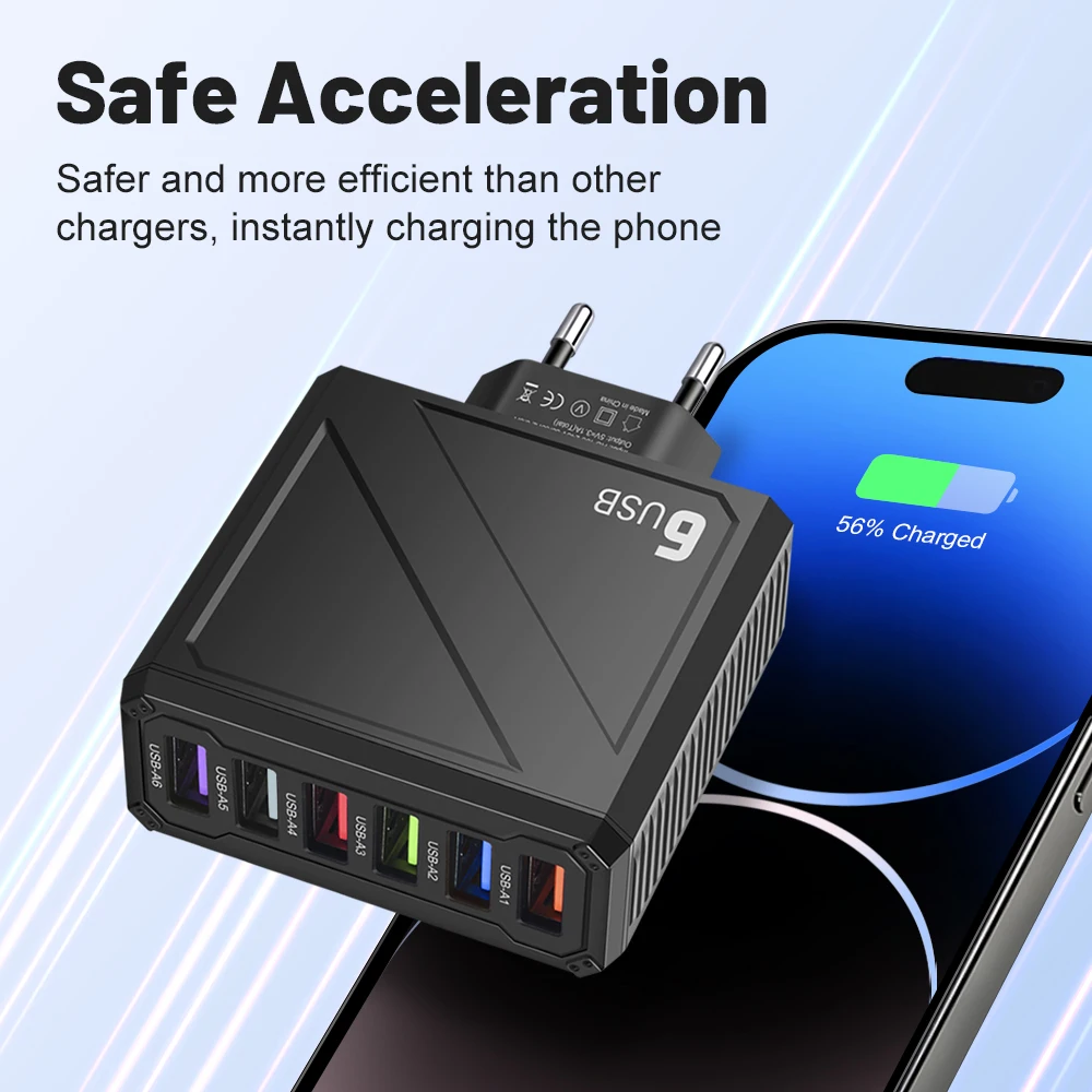 6 Ports USB Charger Fast Charging QC3.0 Mobile Portable Phone Charger Wall Adapter for iPhone 16 Xiaomi Samsung EU/KR/US/UK Plug