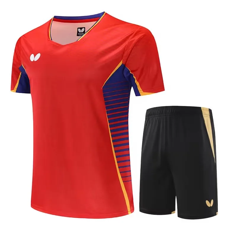 Custom butterfly table tennis T-shirt men's and women's badminton clothes quick drying V-neck half sleeve breathable