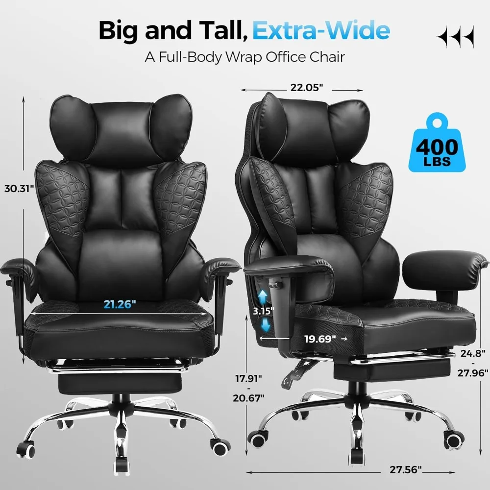 Desk Office Chair 400LBS Big and Tall Office Chairs Ergonomic Gaming Chairs with Wide Seat Leather High Back Chair with Foot Re 2