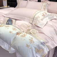 Parure de lit brodée papillon doré 100% coton, ensemble de literie de luxe, housse de couette et de drap-housse athlon, taies d'oreiller, textile de maison 3