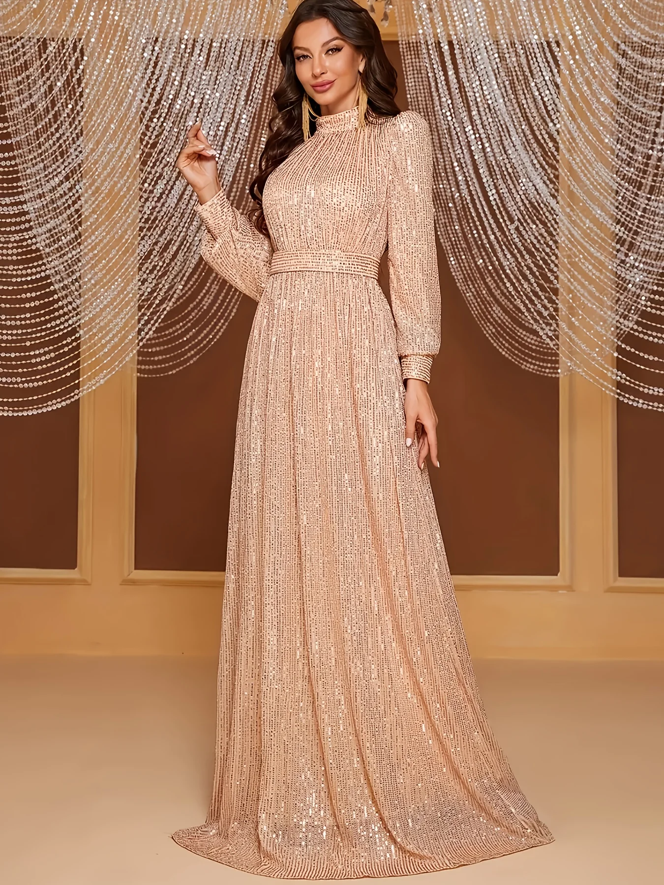 Elegante abito lungo retrò a maniche lunghe da donna: perfetto per eventi serali, matrimoni e feste - immagine 3