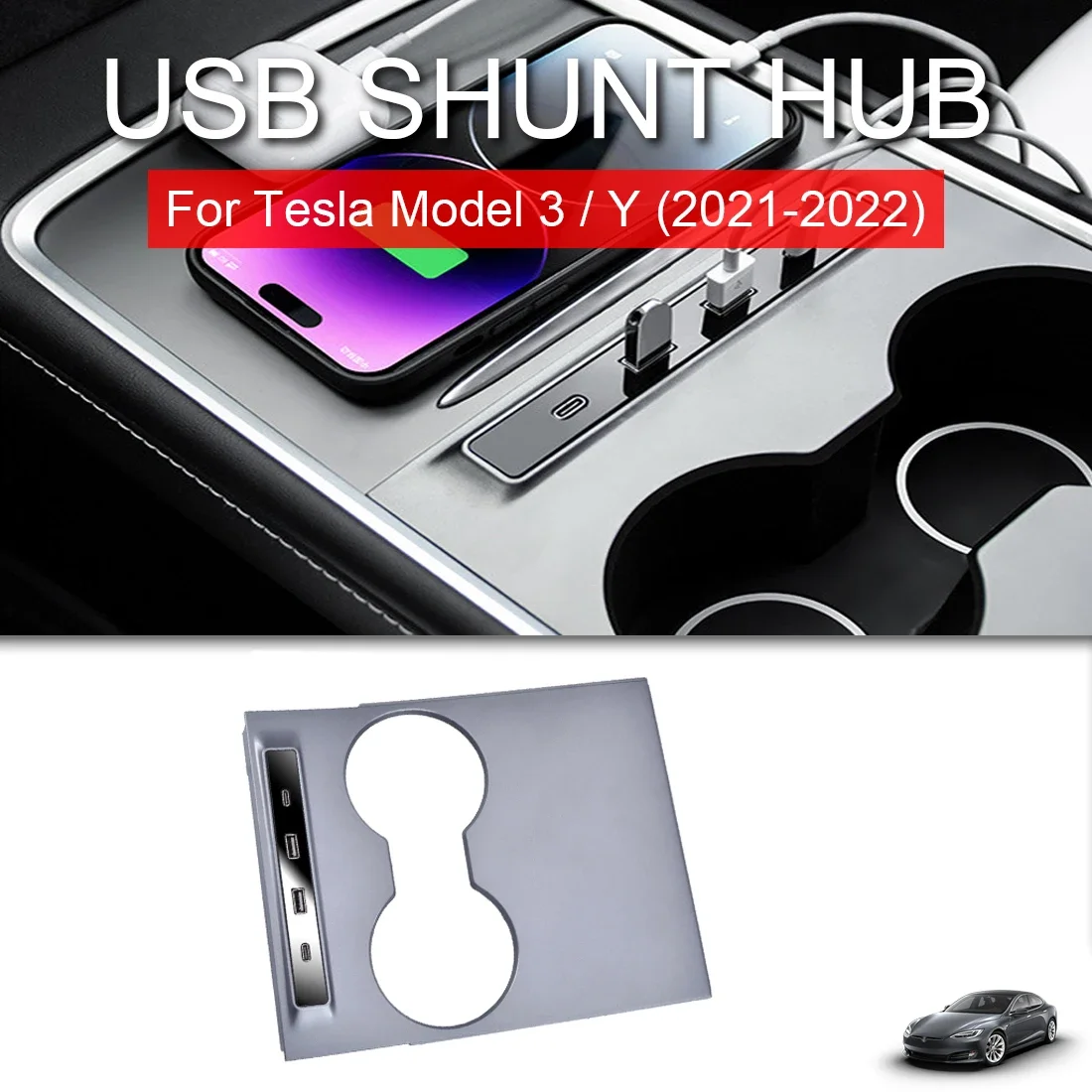 

USB SHUNT HUB For Tesla Model 3 Y Docking Station of Center Console Smart Sensor 27W Quick Charger Adapter Splitter Extension