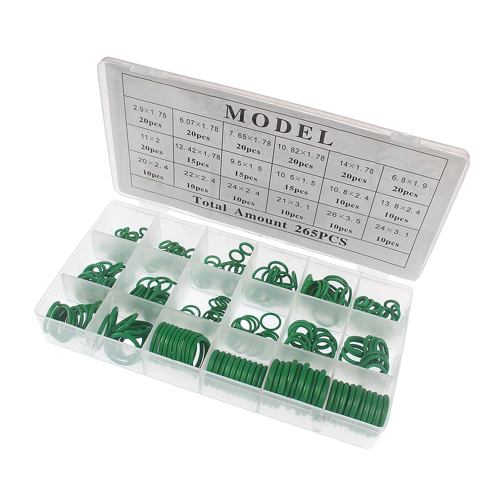 

265pcs O-Ring Repair Kit, 18 Types of Durable Green Rubber Sealing Rings for Automotive Air Conditioning Compressor Complete Set