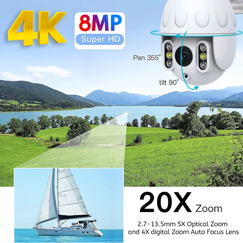 4K WiFi PTZ 보안 카메라 실외 8MP 5배 광학 줌 IP 카메라 자동 추적 투광 조명 컬러 나이트 비전 양방향 오디오 돔 감시 카메라 금속 쉘 RTSP, FTP, SD 카드 기록, APP, PC, O