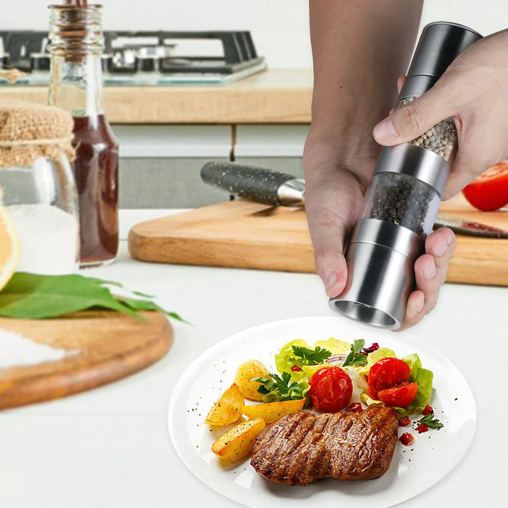 Manual Pepper Grinder Double Sided Stainless Steel Salt Mill Container Dining Kitchen Grinding Accessories Center Split