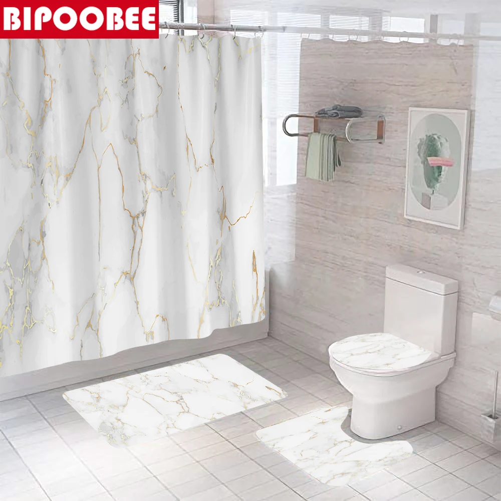 High Quality Marble Printed Shower Curtains Bathroom Curtain Set Toilet Cover Bath Mat Non-slip Rug Pedestal Carpet Home Decor