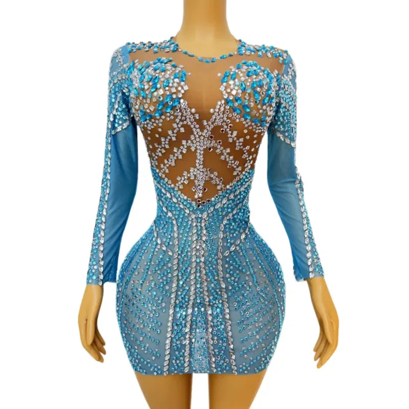 Sexy Mesh Transparent Sparkly Rhinestones Chains Long Sleeve Short Dress Celebrate Evening Prom Birthday Dress Show Stage Dress multi color full sequins short dress long sleeve black prom celebrate birthday outfit women dancer show stage rhinestones dress