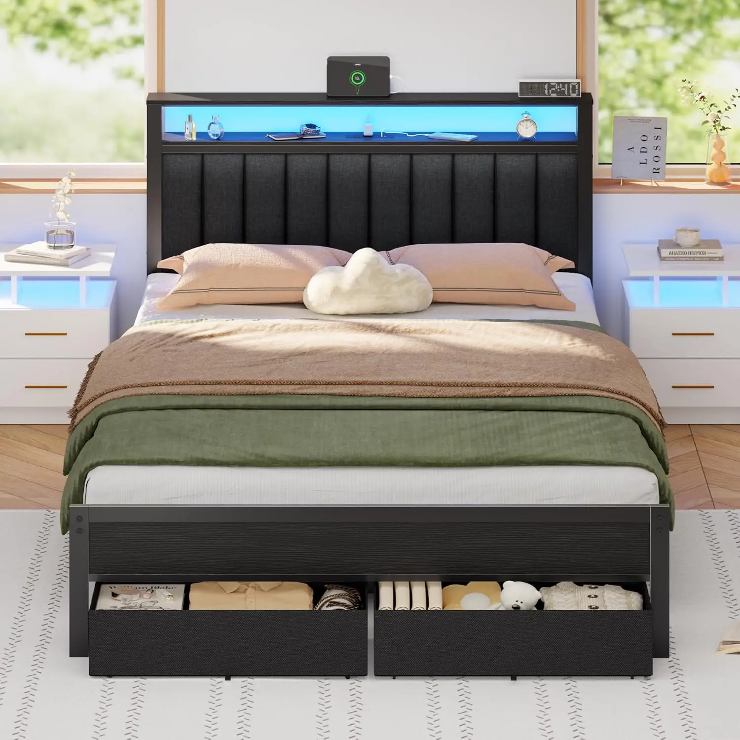 Bed Frame with Charging Station and LED Lights, Grey Upholstered Headboard with