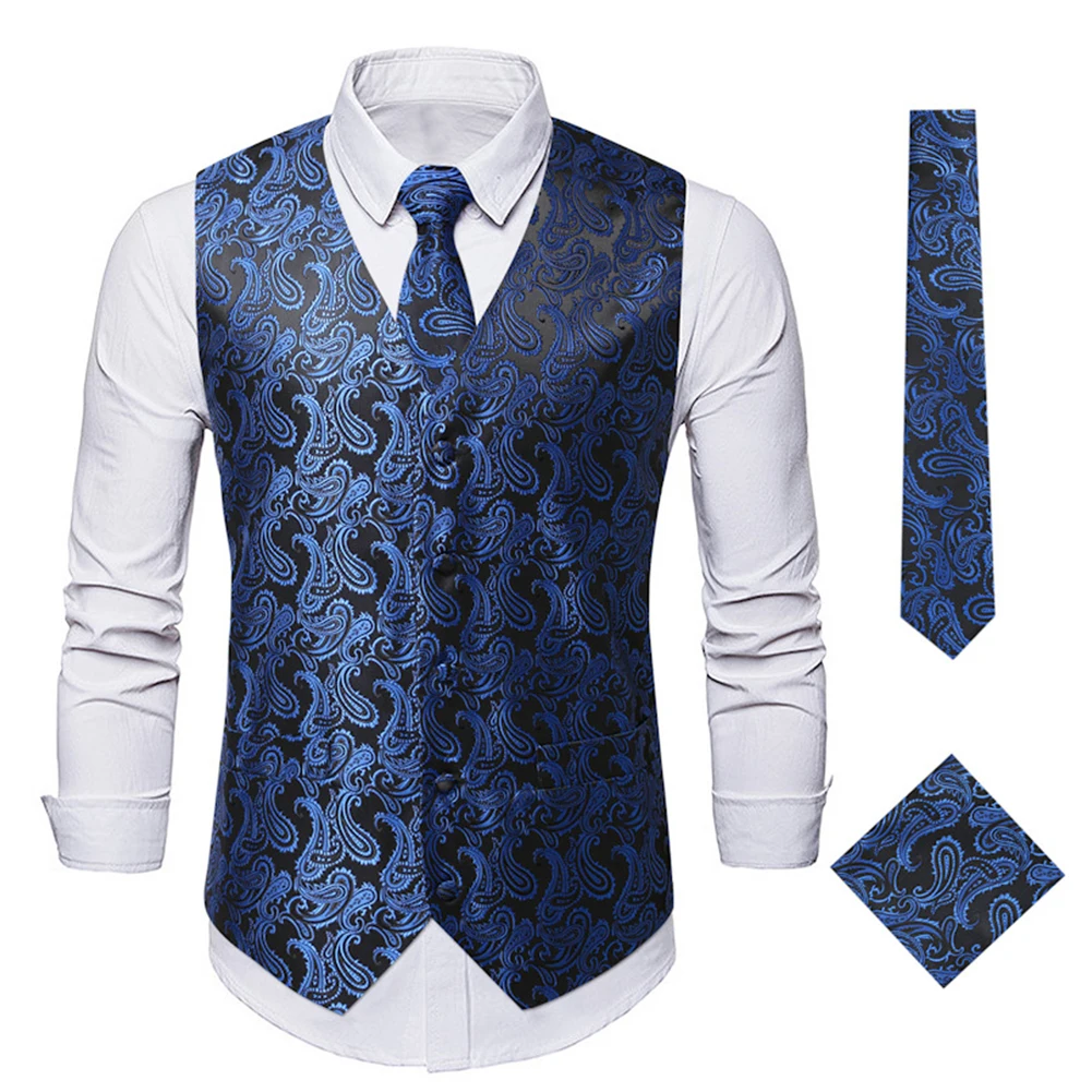 3Pcs/Set Formal Business Embroidery Print Suit Vest For Men Gold Paisley Royal Purple Wedding Waistcoat Vests Man Clothing