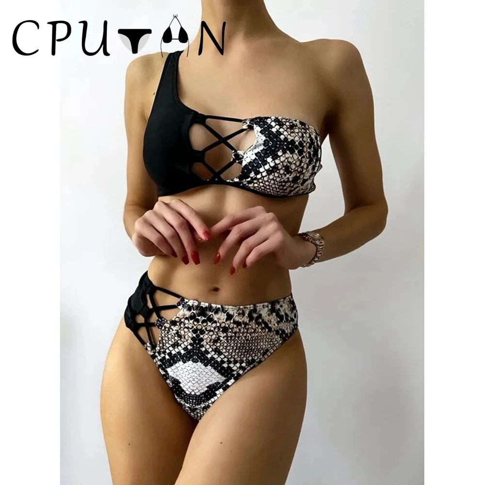 

CPUTAN 2024 One Shoulder Sexy High Waist Bikinis Set Women Snake Print Swimwear Swimsuit Brazilian Summer Beachwear Bathing Suit